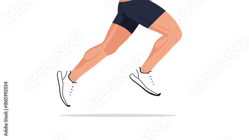 Powerful muscular legs in athletic shorts and white running shoes, captured in mid-air during a run, symbolizing strength, speed, and active lifestyle.