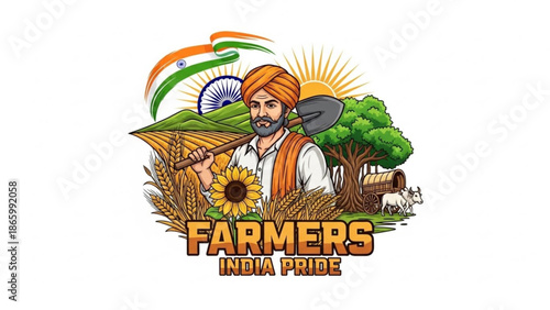 Indian farmer with turban and tools, symbolizing agriculture, pride, and rural life under sunny landscape with cows, trees, and wheat with sunflower