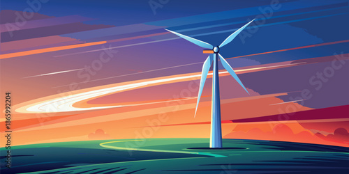 Stylized Wind Turbine in a Green Field at Vibrant Sunset Representing Renewable Energy