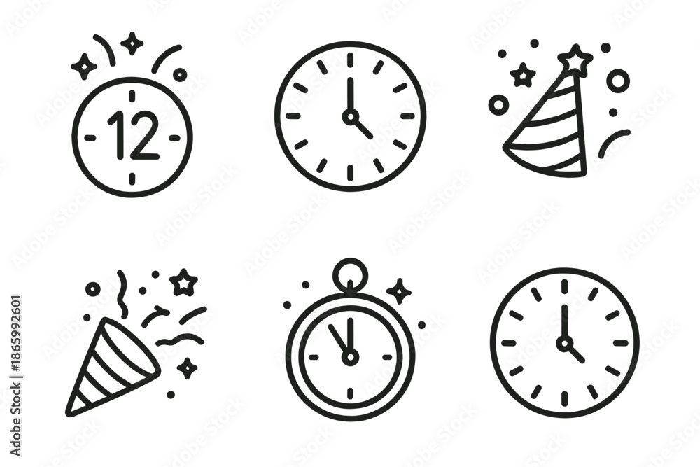 Fototapeta premium New year's celebration icons: clocks and party hats in minimalist style