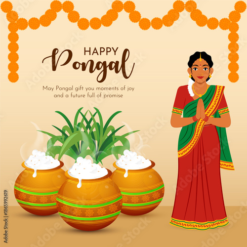 South Indian festival celebration background with traditional woman southern dressing character design vector illustration.