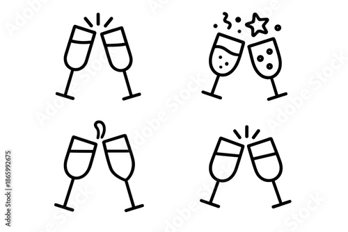 Set of festive champagne glasses icons with bubbles and stars