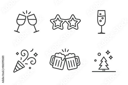 Festive icons: celebration glasses, star sunglasses, champagne flute, party popper, toasting mugs, festive tree