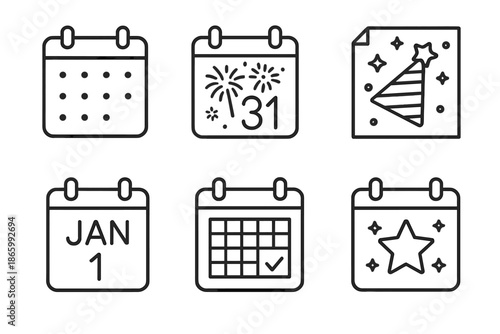 Outline calendar icons representing new year and event celebrations