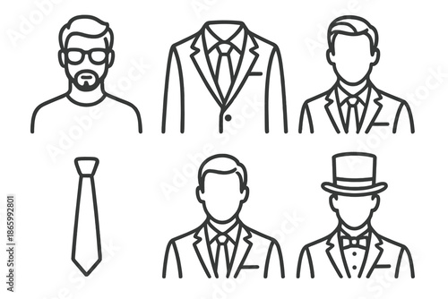 Outline icons of men's fashion: suits, ties, formal wear, and accessories