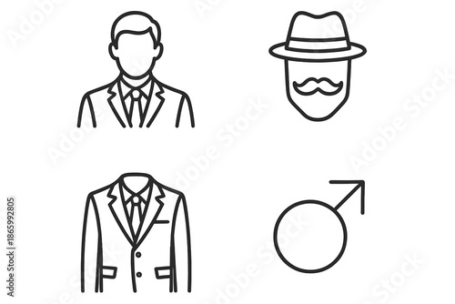 Outline icons of male fashion elements and gender symbol