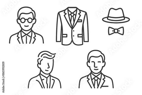 Icons of male fashion elements: suits, hat, bow tie, glasses