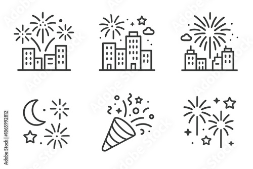 Festive cityscape and fireworks icon set with celebratory symbols