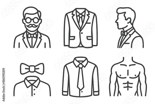 Line art illustrations of men's formal wear and portraits