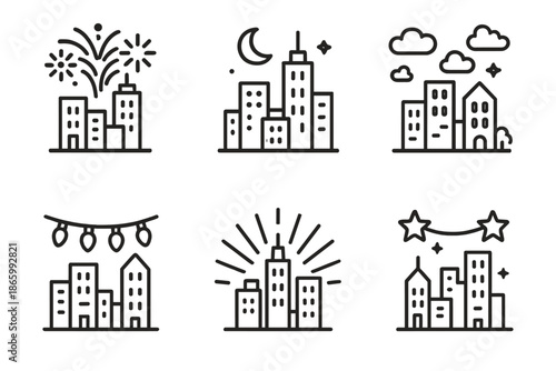 Black and white cityscape line art with fireworks and stars