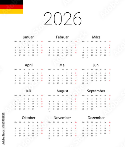 Germany 2026 calendar. isolated wall background. Full months for wall calendar. Vector design template start from monday.