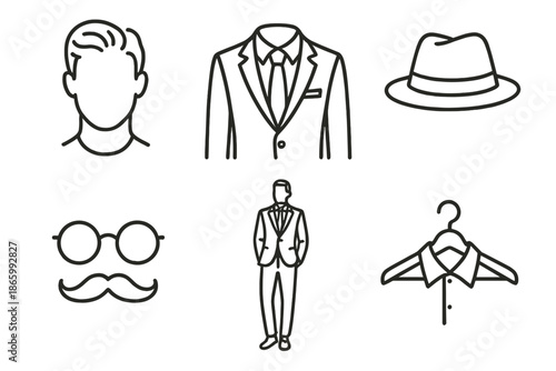 Elegant male fashion icons: hat, suit, glasses, mustache, collar