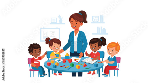 Diverse group of happy elementary school children engaging in interactive learning activities with their teacher at a round table, building and reading.