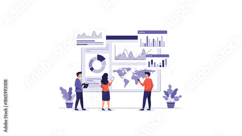 Business professionals analyzing global data and various charts on a large screen with a world map, illustrating market research and strategic planning.