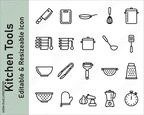 Kitchen Tools Line Icons Set – Editable and Resizable Cooking Utensils Vector