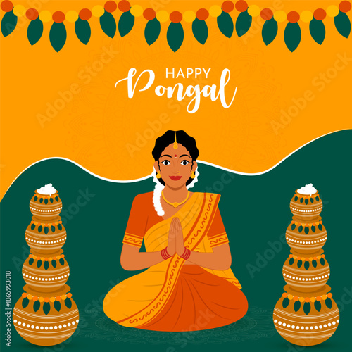 South Indian festival celebration background with traditional southern woman's dress character design vector illustration.