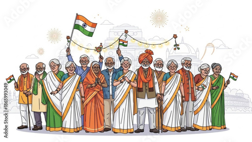 Elderly indian people in traditional clothing celebrating with flags and garlands outdoors with festive and seniors and community and culture