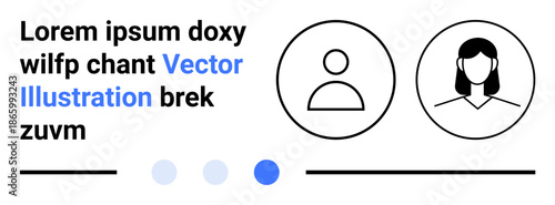 Two outlined user avatars, one male and one female, with placeholder text and navigation dots. Ideal for user interface, UX design, profile selection, navigation menu, modern web design