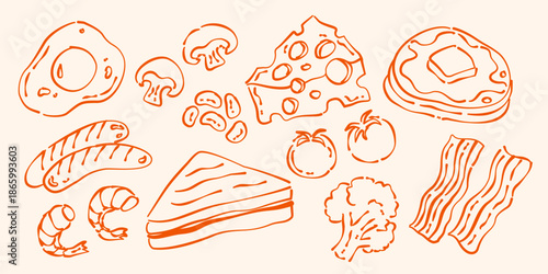 Set of American Breakfast. Hand Drawn Breakfast Menu. Breakfast Illustration with Sunny Side Egg, Pancake, Bacon, Sausages. Whimsical Breakfast in Vector.