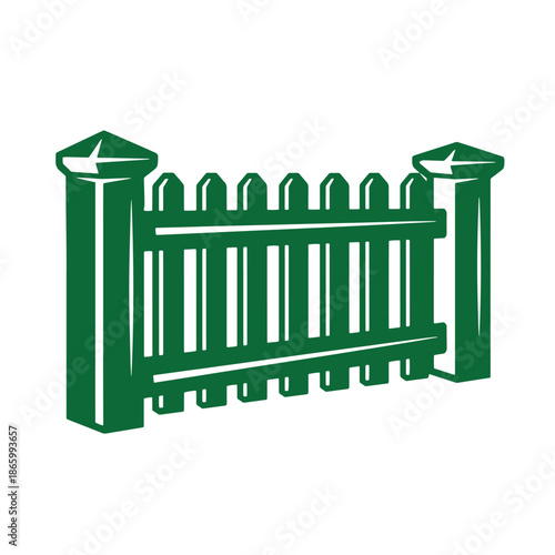 Green wooden picket fence with two posts and pointed caps isolated on white background