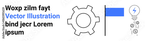 Gear mechanism beside a vertical flag element and lightbulb icon emitting currency and energy bolts. Ideal for innovation, engineering, technology, finance, entrepreneurship, minimalism, simple
