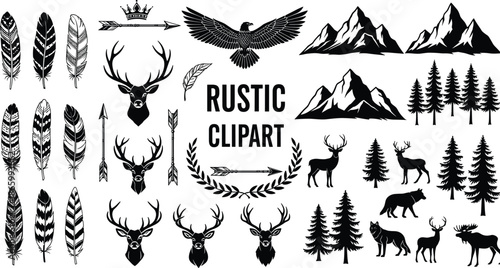 Rustic clipart collection with deer heads feathers arrows and mountains, vintage outdoor adventure set elements, cad drawing flat vector illustration