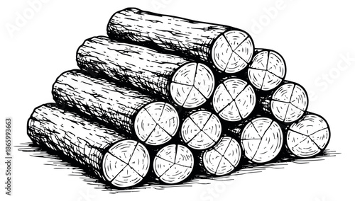 Hand drawn line art illustration of firewood logs depicting a neatly stacked pile for winter and outdoor themes