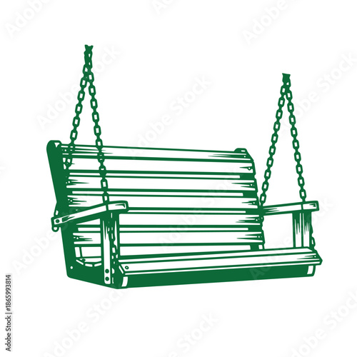 Green wooden porch swing with chains hanging from two sides outdoor furniture