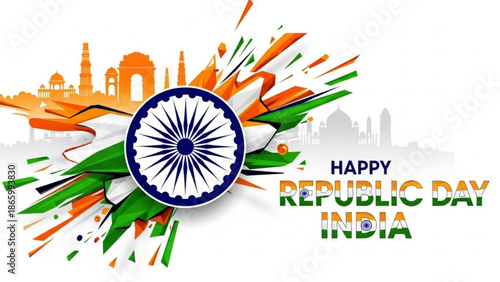 Vibrant indian republic day celebration graphic with ashoka chakra and cityscape, happy republic day india with tricolor background with Patriotism