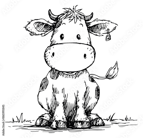 Hand drawn line art illustration of a cute spotted calf depicting a sitting pose for farm animal designs