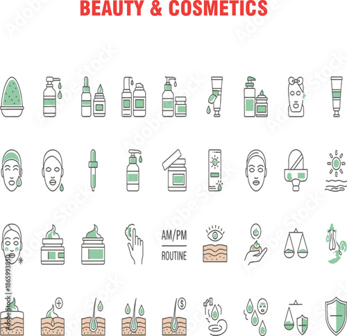 Skincare and Beauty Cosmetics Icon Set for Daily Facial Routine and Product Packaging Design