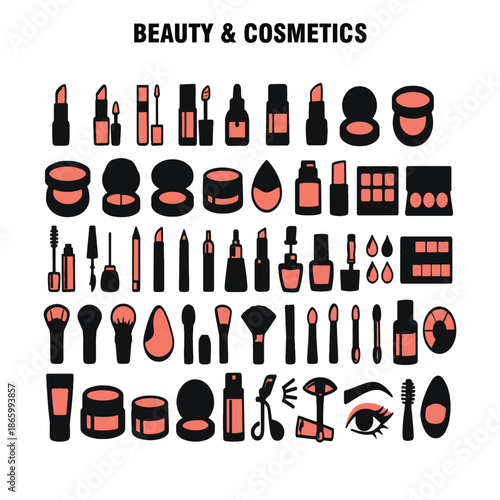 cosmetics, makeup, products, lipstick, cream, powder, compact, mascara, eyeliner, nail polish, perfume, bottle, jar, tube, applicator, sponge, brush, beauty, fashion, glamour, feminine, coral, black, 