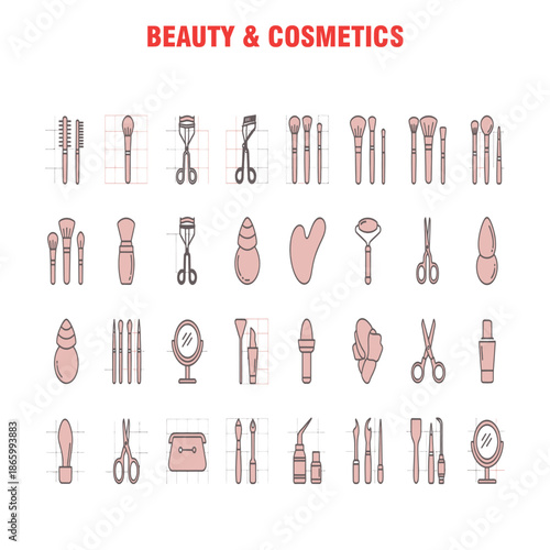 Professional Beauty Accessory Line Icons for Cosmetic Service Branding and Makeup Studio Tools