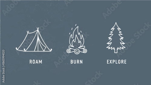 Minimalist Outdoor Adventure Infographic: Tent (Roam), Campfire (Burn), and Pine Tree (Explore) with White Outline Icons on Blue-Grey Background