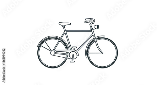Outlined Vintage Bicycle with Fenders and Headlight Side View.