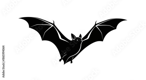 Flying Black Bat Silhouette with Outstretched Wings.