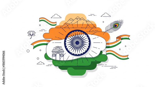 Indian republic day celebration concept with national flag colors and symbols, including ashoka chakra, peacock feather, lotus flower, and mountains
