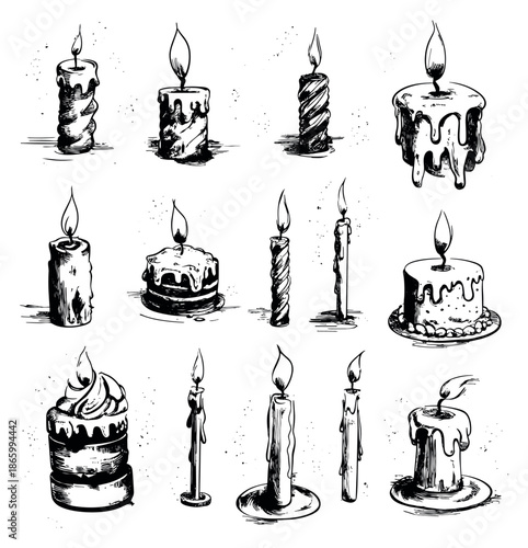 Hand drawn line art candle set featuring various burning and melting candles for spooky designs or atmospheric illustrations