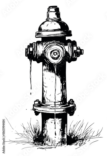 Hand drawn line art illustration of a fire hydrant depicting dripping water for urban themes