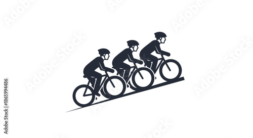 Three Silhouette Cyclists Riding Bicycles Uphill in Dynamic Graphic Illustration.