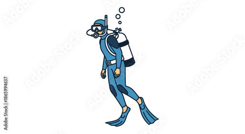 Cartoon illustration of a scuba diver in a blue wetsuit with air bubbles.