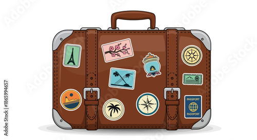 Brown Vintage Suitcase Adorned with Travel Destination Stickers.
