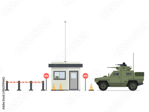 A military vehicle guards a secure checkpoint with a small building and road barriers.