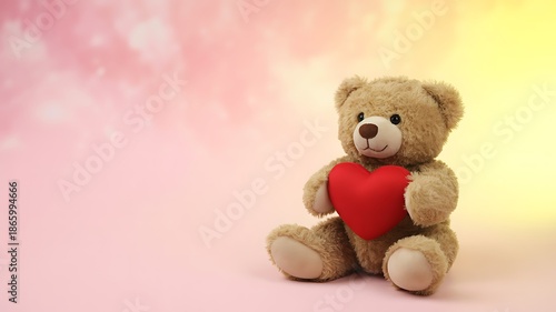 Cute teddy bear holding heart on soft pastel background