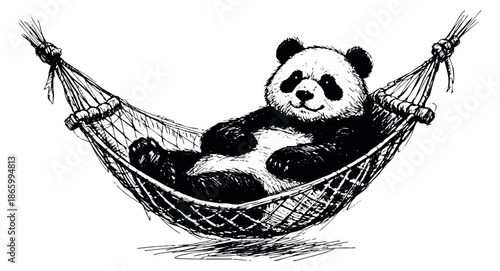 Hand drawn line art illustration of a panda depicting relaxing in a hammock for summer leisure