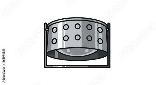 Silver Steelpan Drum with Circular Indentations and Metal Stand.