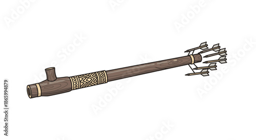 Ornate Wooden Ceremonial Pipe with Decorative Metal Accents.