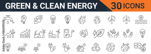 Comprehensive vector graphic design set featuring thirty minimalist line icons related to green energy themes including water, solar, wind power, and sustainable development goals.