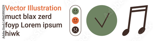 Feedback evaluation, user interaction, mood tracking, approval systems, musical , and conceptual design. A happy face scale, a checkmark and a musical note. Feedback evaluation and mood tracking