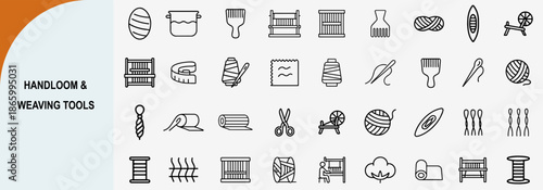 handloom and weaving tools outline icons, traditional textile craft vector